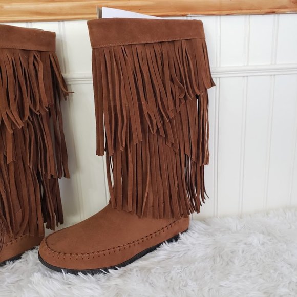 AU Air Underground Womens Moccasin Boot Sz 7 .5 M Chestnut Brown Fringe Mid Calf - Picture 3 of 9